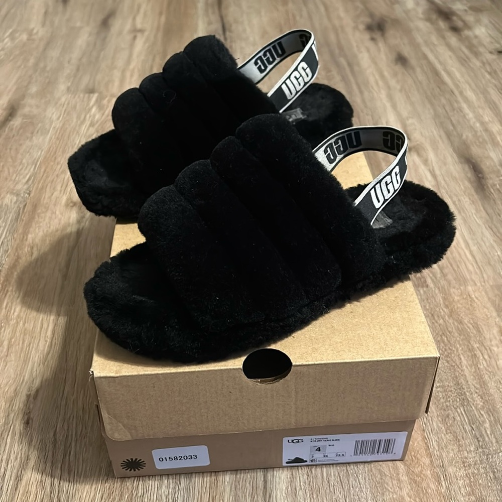 UGG Black Fluff Slide Sandals with Branded Heel Strap